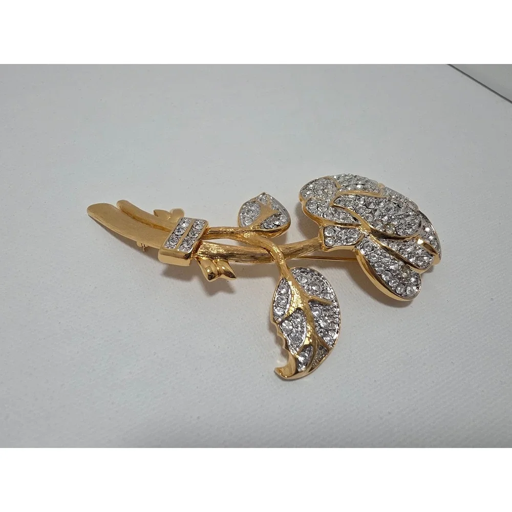 Vintage Nolan Miller Gold Tone Pave Crystal Rose Flower Brooch Pin
